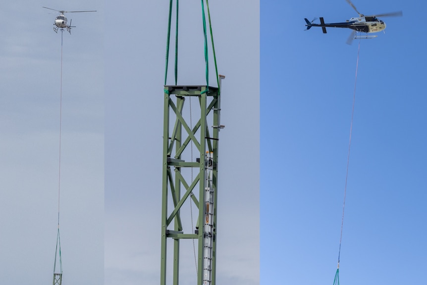 Composite of three photos, helicopter landing tower, close-up of tower with ropes lowering it, and helicopter landing pad