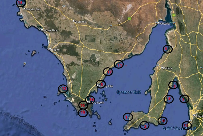 Map with red mrkers and dotted circles at some coastal locations